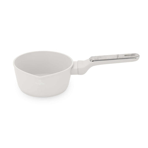 Product image of Sauce pan 16cm. Part of the Sahara Marble Collection . Features: • Material: forged aluminum with non-stick titanPro coating • Sauce pan Ø16*7,5 cm 1,2L • Color: matt cream, marble REGISTERED DESIGN BY BERLINGER .... (Studio view). Official Berlinger Haus product, boosted by Promintra sl.