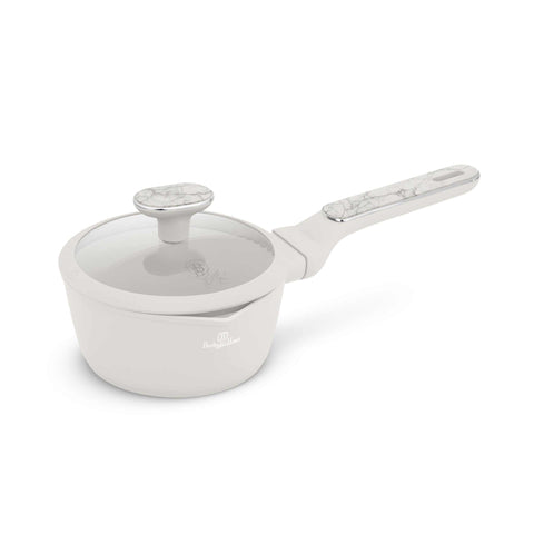 Product image of Sauce pan with lid 16cm. Part of the Sahara Marble Collection . Features: • Material: forged aluminum with non-stick titanPro coating • Sauce pan Ø16*7,5 cm 1,2L • Color: matt cream, marble REGISTERED DESIGN BY BERLINGER .... (Studio view). Official Berlinger Haus product, boosted by Promintra sl.