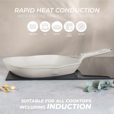 Product image of Grill pan 28cm. Part of the Sahara Marble Collection . Features: • Material: forged aluminum with non-stick titanPro coating • Grill pan Ø28*4,1 cm 2,1L • Color: matt cream, marble REGISTERED DESIGN BY BERLINGER .... (Conceptual view). Official Berlinger Haus product, boosted by Promintra sl.