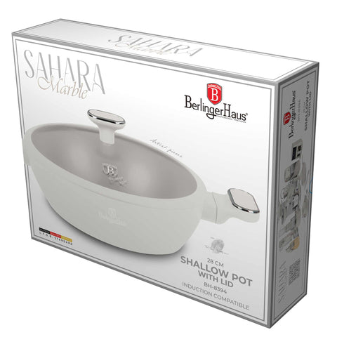 BH/8394, Olla baja con tapa 28 cm, crema mate, mármol, olla baja 28 cm, olla baja, olla baja con tapa, olla, batería de cocina, cocina, Berlinger Haus, Promintra, caja de regalo, conceptual, estilo de vida