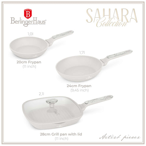  BH/8399, juego de 3 sartenes, crema mate, mármol, juego de 4 sartenes b., nuevo diseño de mango, sartén, juego de sartenes, sartén, juego de sartenes, sartén para parrilla, utensilios de cocina, cocina, sartenes, juego de sartenes