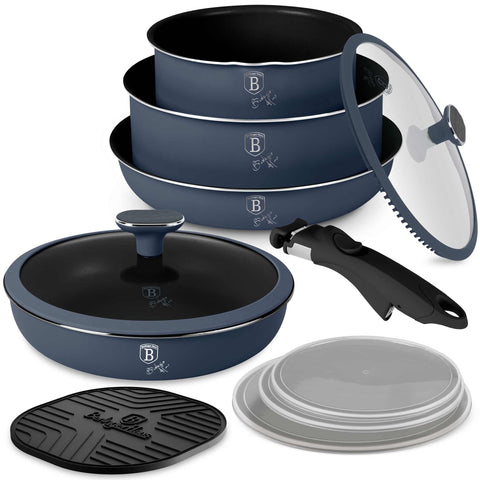  BH/8416, Juego de utensilios de cocina de 10 piezas, Azul mate, Madera gris, Juego de utensilios de cocina de 10 piezas, Nuevo diseño de mango, Mango con cierre a presión, Utensilios de cocina inteligentes, Juego de utensilios de cocina, Ollas y sartenes, Juego de ollas y sartenes, Juego, Cierre a presión, Cocina, Utensilios de cocina, Ollas y cacerolas