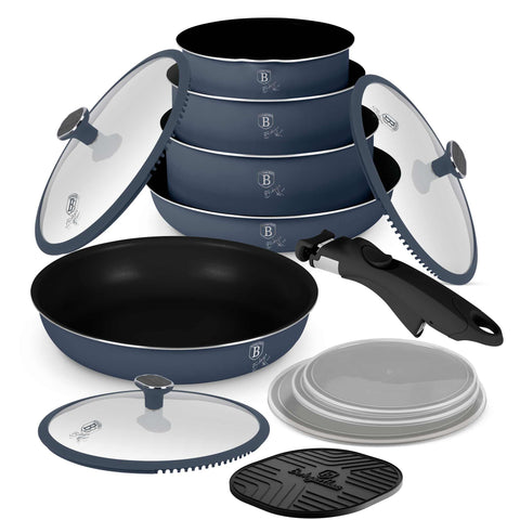 BH/8417, Juego de utensilios de cocina de 13 piezas, Azul mate, Madera gris, Juego de utensilios de cocina de 13 piezas, Nuevo diseño de asa, Asa con cierre a presión, Utensilios de cocina inteligentes, Juego de utensilios de cocina, Ollas y sartenes, Juego de ollas y sartenes, Juego, Cierre a presión, Cocina, Utensilios de cocina, Ollas y cacerolas