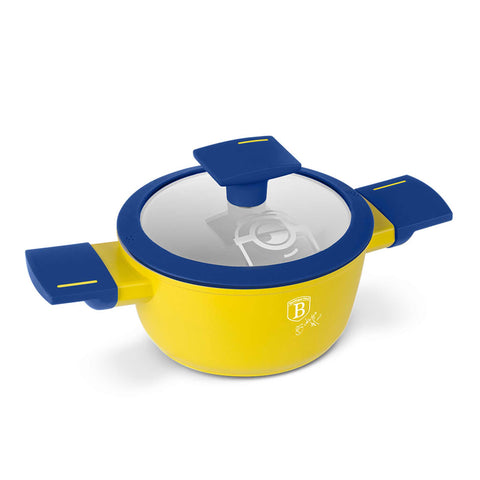 Product image of Mini casserole with lid 14cm. Part of the Minions Collection . Features: • Material: forged aluminum with non-stick titanPro coating • Casserole with lid Ø14 cm • Color: yellow- blue. (Studio view). Official Berlinger Haus product, boosted by Promintra sl.