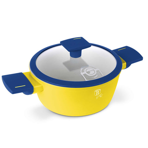 Product image of Mini casserole with lid 16cm. Part of the Minions Collection . Features: • Material: forged aluminum with non-stick titanPro coating • Casserole with lid Ø16 cm • Color: yellow- blue. (Studio view). Official Berlinger Haus product, boosted by Promintra sl.
