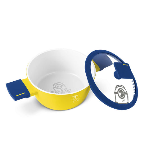 Product image of Mini casserole with lid 16cm. Part of the Minions Collection . Features: • Material: forged aluminum with non-stick titanPro coating • Casserole with lid Ø16 cm • Color: yellow- blue. (Studio view). Official Berlinger Haus product, boosted by Promintra sl.