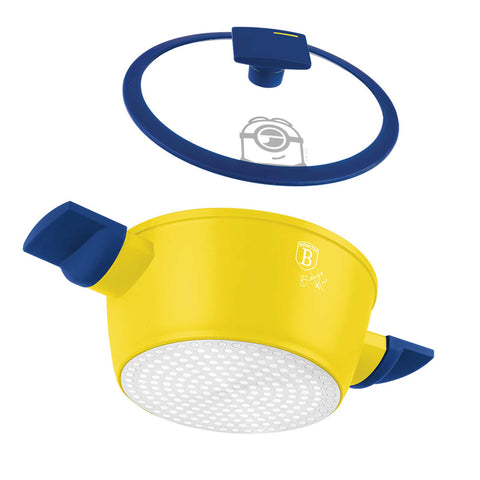 Product image of Mini casserole with lid 16cm. Part of the Minions Collection . Features: • Material: forged aluminum with non-stick titanPro coating • Casserole with lid Ø16 cm • Color: yellow- blue. (Studio view). Official Berlinger Haus product, boosted by Promintra sl.