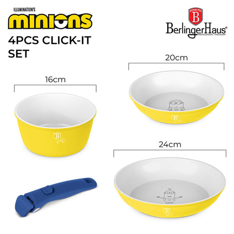 Product image of 4pcs cookware set. Part of the Minions Collection . Features: • Material: forged aluminum with non-stick titanPro coating • Include: • STACKABLE - SPACE SAVING • Frypan Ø20 cm • Frypan Ø24 cm • Sauce pan Ø16 c.... (Studio view). Official Berlinger Haus product, boosted by Promintra sl.