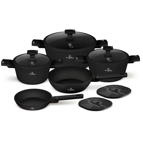 Product image of 10pcs cookware set. Part of the Black Rose Collection . Features: • Material: forged aluminum with non-stick titanPro coating • Include: • Frypan Ø20*4,2 cm 1,0L • Deep frypan Ø24*6,5 cm 2,3L • Casserole with (str.... (Studio view). Official Berlinger Haus product, boosted by Promintra sl.