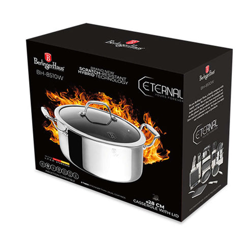 Product image of Casserole with lid 28cm. Part of the Eternal Collection . Features: • Material: stainless steel with laser-cut surface • Size: 28*12 cm 6,1L REGISTERED DESIGN BY BERLINGER HAUS!. (Studio view). Official Berlinger Haus product, boosted by Promintra sl.
