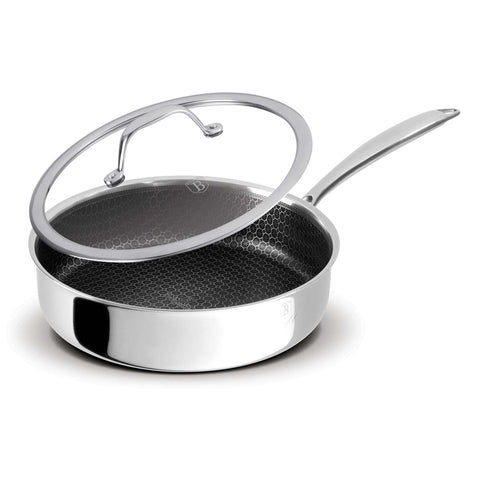 Product image of Deep frypan with lid 24cm. Part of the Eternal Collection . Features: • Material: stainless steel with laser-cut surface • Size: 24*6,5 cm 2,5L REGISTERED DESIGN BY BERLINGER HAUS!. (Studio view). Official Berlinger Haus product, boosted by Promintra sl.