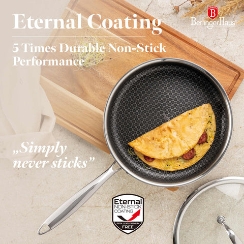 Product image of Deep frypan with lid 24cm. Part of the Eternal Collection . Features: • Material: stainless steel with laser-cut surface • Size: 24*6,5 cm 2,5L REGISTERED DESIGN BY BERLINGER HAUS!. (Studio view). Official Berlinger Haus product, boosted by Promintra sl.