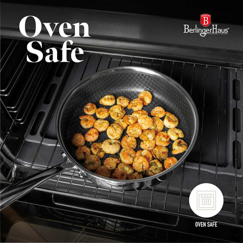 Product image of Deep frypan with lid 24cm. Part of the Eternal Collection . Features: • Material: stainless steel with laser-cut surface • Size: 24*6,5 cm 2,5L REGISTERED DESIGN BY BERLINGER HAUS!. (Studio view). Official Berlinger Haus product, boosted by Promintra sl.