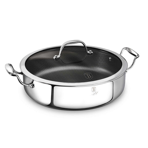 Product image of Shallow pot with lid 28cm. Part of the Eternal Collection . Features: • Material: stainless steel with laser-cut surface • Size: 28*7,5 cm 3,8L REGISTERED DESIGN BY BERLINGER HAUS!. (Studio view). Official Berlinger Haus product, boosted by Promintra sl.