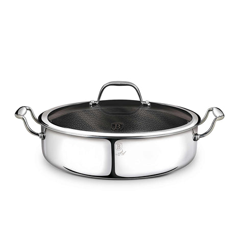 Product image of Shallow pot with lid 28cm. Part of the Eternal Collection . Features: • Material: stainless steel with laser-cut surface • Size: 28*7,5 cm 3,8L REGISTERED DESIGN BY BERLINGER HAUS!. (Studio view). Official Berlinger Haus product, boosted by Promintra sl.