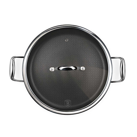 Product image of Shallow pot with lid 28cm. Part of the Eternal Collection . Features: • Material: stainless steel with laser-cut surface • Size: 28*7,5 cm 3,8L REGISTERED DESIGN BY BERLINGER HAUS!. (Studio view). Official Berlinger Haus product, boosted by Promintra sl.
