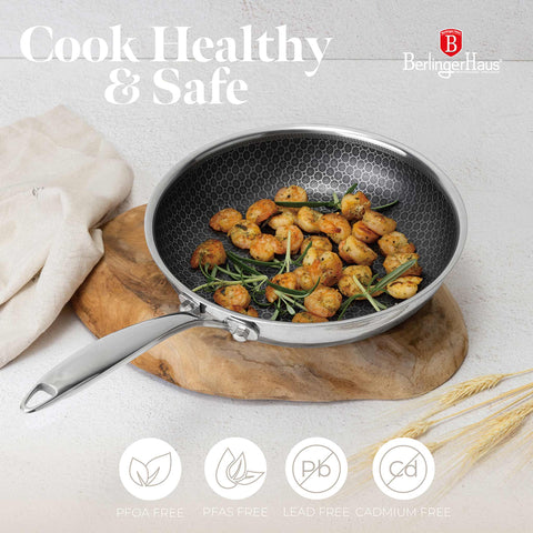 Product image of 2pcs frypan set. Part of the Eternal Collection . Features: • Material: stainless steel with laser-cut surface • Include: • Frypan Ø24*5 cm 1,7L • Frypan Ø28*5,5 cm 2,4L REGISTERED DESIGN BY BERLINGER HAUS!. (Studio view). Official Berlinger Haus product, boosted by Promintra sl.