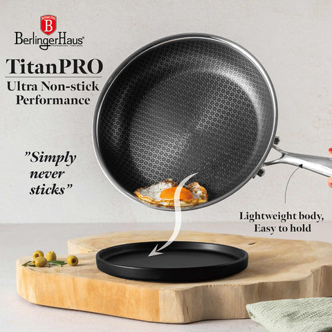 Product image of 2pcs frypan set. Part of the Eternal Collection . Features: • Material: stainless steel with laser-cut surface • Include: • Frypan Ø24*5 cm 1,7L • Frypan Ø28*5,5 cm 2,4L REGISTERED DESIGN BY BERLINGER HAUS!. (Studio view). Official Berlinger Haus product, boosted by Promintra sl.