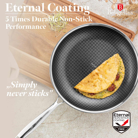 Product image of 2pcs frypan set. Part of the Eternal Collection . Features: • Material: stainless steel with laser-cut surface • Include: • Frypan Ø24*5 cm 1,7L • Frypan Ø28*5,5 cm 2,4L REGISTERED DESIGN BY BERLINGER HAUS!. (Studio view). Official Berlinger Haus product, boosted by Promintra sl.
