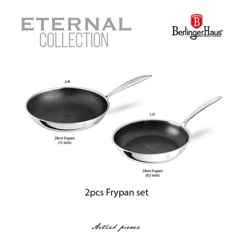 Product image of 2pcs frypan set. Part of the Eternal Collection . Features: • Material: stainless steel with laser-cut surface • Include: • Frypan Ø24*5 cm 1,7L • Frypan Ø28*5,5 cm 2,4L REGISTERED DESIGN BY BERLINGER HAUS!. (Studio view). Official Berlinger Haus product, boosted by Promintra sl.