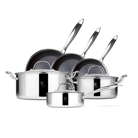 Product image of 9pcs cookware set. Part of the Eternal Collection . Features: • Material: stainless steel with laser-cut surface • Include: • Casserole with lid Ø20*9,5 cm 2,7L • Casserole with lid Ø24*11,5 cm 4,5L • Saucepan.... (Studio view). Official Berlinger Haus product, boosted by Promintra sl.