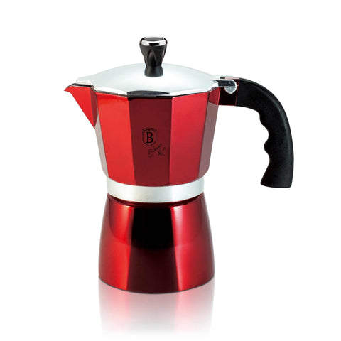 Product image of Coffee maker 3cups. Part of the Metallic Line Burgundy Edition . Features: • Material: aluminum • Capacity: 3 cups, 150 ml • Color: burgundy. (Studio view). Official Berlinger Haus product, boosted by Promintra sl.