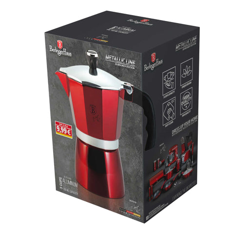 Product image of Coffee maker 3cups. Part of the Metallic Line Burgundy Edition . Features: • Material: aluminum • Capacity: 3 cups, 150 ml • Color: burgundy. (Studio view). Official Berlinger Haus product, boosted by Promintra sl.