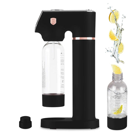 Product image of Soda maker with 2bottles and barometer universal CO2cylinders size. Part of the Black Rose Collection . Features: • Material: stainless steel, pp • Size: 43,5*22*12 cm • 2 pcs pp bottle with cup: 1,0L and 0,5L • Universal, standard CO2 cylinders size (not inclu.... (Studio view). Official Berlinger Haus product, boosted by Promintra sl.