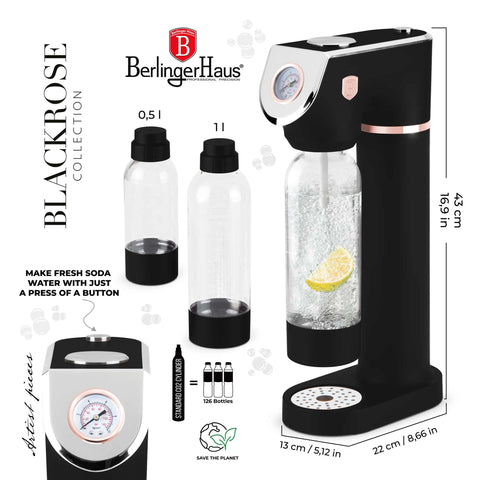 Product image of Soda maker with 2bottles and barometer universal CO2cylinders size. Part of the Black Rose Collection . Features: • Material: stainless steel, pp • Size: 43,5*22*12 cm • 2 pcs pp bottle with cup: 1,0L and 0,5L • Universal, standard CO2 cylinders size (not inclu.... (Studio view). Official Berlinger Haus product, boosted by Promintra sl.