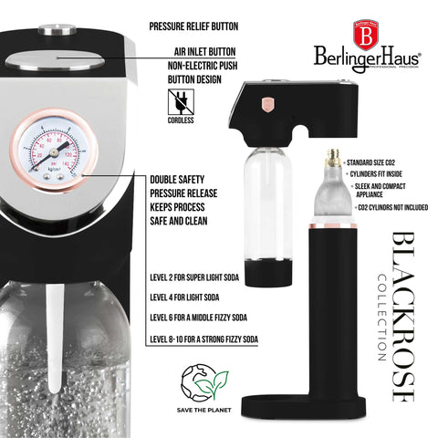 Product image of Soda maker with 2bottles and barometer universal CO2cylinders size. Part of the Black Rose Collection . Features: • Material: stainless steel, pp • Size: 43,5*22*12 cm • 2 pcs pp bottle with cup: 1,0L and 0,5L • Universal, standard CO2 cylinders size (not inclu.... (Studio view). Official Berlinger Haus product, boosted by Promintra sl.