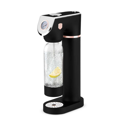 Product image of Soda maker with 2bottles and barometer universal CO2cylinders size. Part of the Black Rose Collection . Features: • Material: stainless steel, pp • Size: 43,5*22*12 cm • 2 pcs pp bottle with cup: 1,0L and 0,5L • Universal, standard CO2 cylinders size (not inclu.... (Studio view). Official Berlinger Haus product, boosted by Promintra sl.