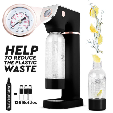 Product image of Soda maker with 2bottles and barometer universal CO2cylinders size. Part of the Black Rose Collection . Features: • Material: stainless steel, pp • Size: 43,5*22*12 cm • 2 pcs pp bottle with cup: 1,0L and 0,5L • Universal, standard CO2 cylinders size (not inclu.... (Studio view). Official Berlinger Haus product, boosted by Promintra sl.