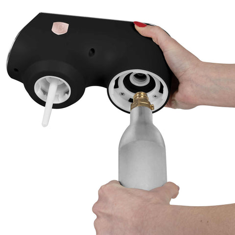 Product image of Soda maker with 2bottles and barometer universal CO2cylinders size. Part of the Black Rose Collection . Features: • Material: stainless steel, pp • Size: 43,5*22*12 cm • 2 pcs pp bottle with cup: 1,0L and 0,5L • Universal, standard CO2 cylinders size (not inclu.... (Studio view). Official Berlinger Haus product, boosted by Promintra sl.