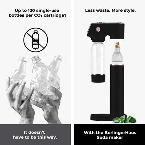 Product image of Soda maker with 2bottles and barometer universal CO2cylinders size. Part of the Black Rose Collection . Features: • Material: stainless steel, pp • Size: 43,5*22*12 cm • 2 pcs pp bottle with cup: 1,0L and 0,5L • Universal, standard CO2 cylinders size (not inclu.... (Studio view). Official Berlinger Haus product, boosted by Promintra sl.