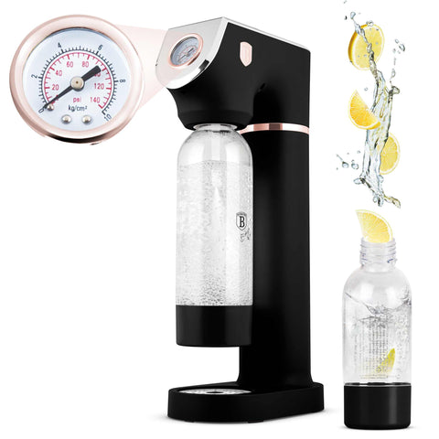 Product image of Soda maker with 2bottles and barometer universal CO2cylinders size. Part of the Black Rose Collection . Features: • Material: stainless steel, pp • Size: 43,5*22*12 cm • 2 pcs pp bottle with cup: 1,0L and 0,5L • Universal, standard CO2 cylinders size (not inclu.... (Studio view). Official Berlinger Haus product, boosted by Promintra sl.