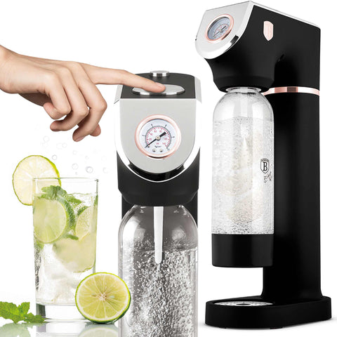 Product image of Soda maker with 2bottles and barometer universal CO2cylinders size. Part of the Black Rose Collection . Features: • Material: stainless steel, pp • Size: 43,5*22*12 cm • 2 pcs pp bottle with cup: 1,0L and 0,5L • Universal, standard CO2 cylinders size (not inclu.... (Studio view). Official Berlinger Haus product, boosted by Promintra sl.