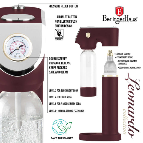 Product image of Soda maker with 2bottles and barometer universal CO2cylinders size. Part of the Leonardo Collection . Features: • Material: stainless steel, pp • Size: 43,5*22*12 cm • 2 pcs pp bottle with cup: 1,0L and 0,5L • Universal, standard CO2 cylinders size (not inclu.... (Studio view). Official Berlinger Haus product, boosted by Promintra sl.
