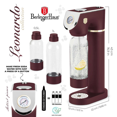 Product image of Soda maker with 2bottles and barometer universal CO2cylinders size. Part of the Leonardo Collection . Features: • Material: stainless steel, pp • Size: 43,5*22*12 cm • 2 pcs pp bottle with cup: 1,0L and 0,5L • Universal, standard CO2 cylinders size (not inclu.... (Studio view). Official Berlinger Haus product, boosted by Promintra sl.