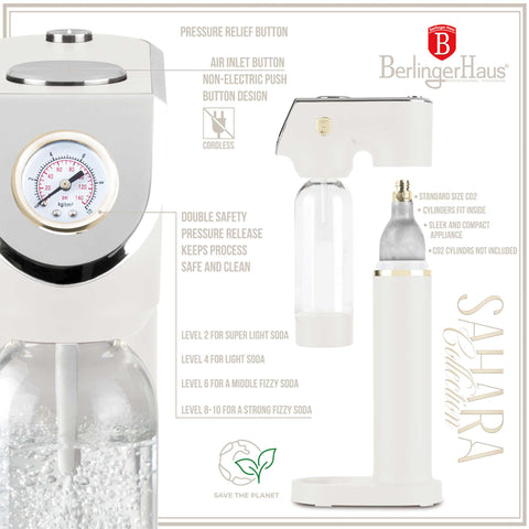 Product image of Soda maker with 2bottles and barometer universal CO2cylinders size. Part of the Sahara Collection . Features: • Material: stainless steel, pp • Size: 43,5*22*12 cm • 2 pcs pp bottle with cup: 1,0L and 0,5L • Universal, standard CO2 cylinders size (not inclu.... (Studio view). Official Berlinger Haus product, boosted by Promintra sl.