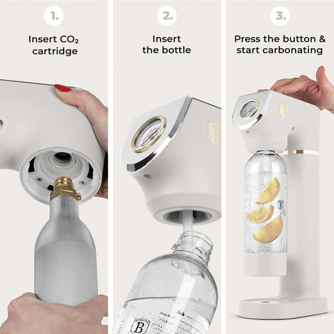 Product image of Soda maker with 2bottles and barometer universal CO2cylinders size. Part of the Sahara Collection . Features: • Material: stainless steel, pp • Size: 43,5*22*12 cm • 2 pcs pp bottle with cup: 1,0L and 0,5L • Universal, standard CO2 cylinders size (not inclu.... (Studio view). Official Berlinger Haus product, boosted by Promintra sl.
