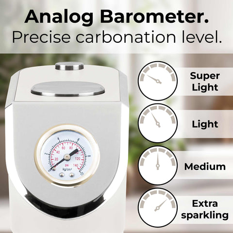 Product image of Soda maker with 2bottles and barometer universal CO2cylinders size. Part of the Sahara Collection . Features: • Material: stainless steel, pp • Size: 43,5*22*12 cm • 2 pcs pp bottle with cup: 1,0L and 0,5L • Universal, standard CO2 cylinders size (not inclu.... (Studio view). Official Berlinger Haus product, boosted by Promintra sl.