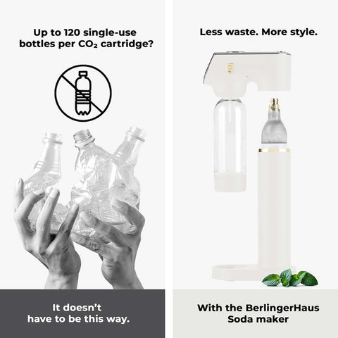 Product image of Soda maker with 2bottles and barometer universal CO2cylinders size. Part of the Sahara Collection . Features: • Material: stainless steel, pp • Size: 43,5*22*12 cm • 2 pcs pp bottle with cup: 1,0L and 0,5L • Universal, standard CO2 cylinders size (not inclu.... (Studio view). Official Berlinger Haus product, boosted by Promintra sl.