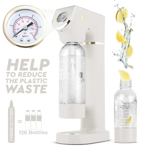 Product image of Soda maker with 2bottles and barometer universal CO2cylinders size. Part of the Sahara Collection . Features: • Material: stainless steel, pp • Size: 43,5*22*12 cm • 2 pcs pp bottle with cup: 1,0L and 0,5L • Universal, standard CO2 cylinders size (not inclu.... (Studio view). Official Berlinger Haus product, boosted by Promintra sl.