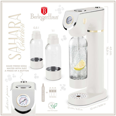 Product image of Soda maker with 2bottles and barometer universal CO2cylinders size. Part of the Sahara Collection . Features: • Material: stainless steel, pp • Size: 43,5*22*12 cm • 2 pcs pp bottle with cup: 1,0L and 0,5L • Universal, standard CO2 cylinders size (not inclu.... (Studio view). Official Berlinger Haus product, boosted by Promintra sl.