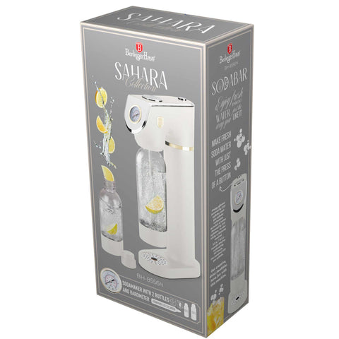 Product image of Soda maker with 2bottles and barometer universal CO2cylinders size. Part of the Sahara Collection . Features: • Material: stainless steel, pp • Size: 43,5*22*12 cm • 2 pcs pp bottle with cup: 1,0L and 0,5L • Universal, standard CO2 cylinders size (not inclu.... (Studio view). Official Berlinger Haus product, boosted by Promintra sl.