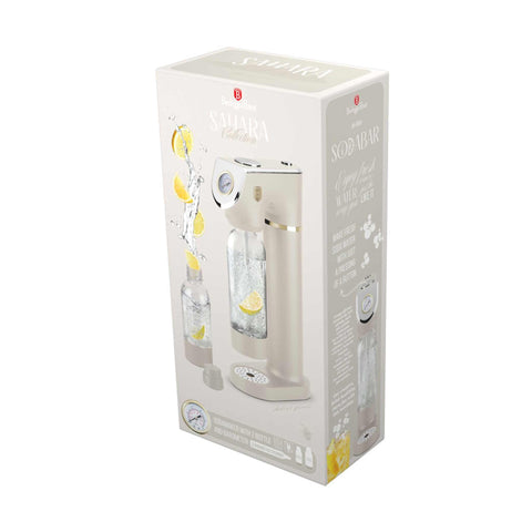 Product image of Soda maker with 2bottles and barometer universal CO2cylinders size. Part of the Sahara Collection . Features: • Material: stainless steel, pp • Size: 43,5*22*12 cm • 2 pcs pp bottle with cup: 1,0L and 0,5L • Universal, standard CO2 cylinders size (not inclu.... (Studio view). Official Berlinger Haus product, boosted by Promintra sl.