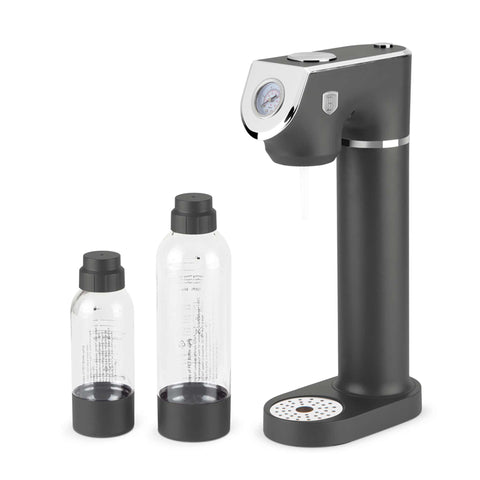 Product image of Soda maker with 2bottles and barometer universal CO2cylinders size. Part of the Anthracite Collection . Features: • Material: stainless steel, pp • Size: 43,5*22*12 cm • 2 pcs pp bottle with cup: 1,0L and 0,5L • Universal, standard CO2 cylinders size (not inclu.... (Studio view). Official Berlinger Haus product, boosted by Promintra sl.