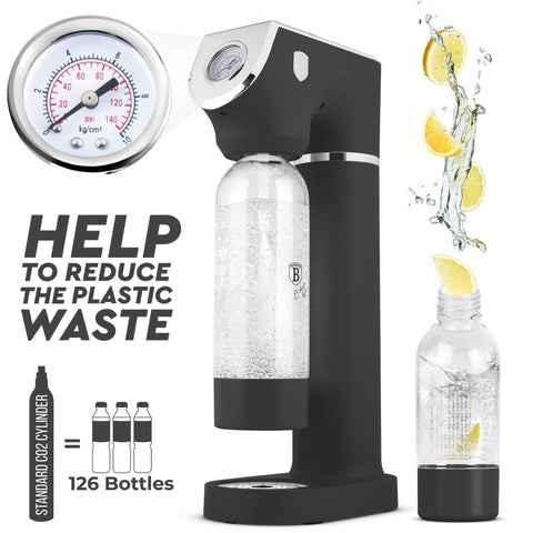 Product image of Soda maker with 2bottles and barometer universal CO2cylinders size. Part of the Anthracite Collection . Features: • Material: stainless steel, pp • Size: 43,5*22*12 cm • 2 pcs pp bottle with cup: 1,0L and 0,5L • Universal, standard CO2 cylinders size (not inclu.... (Studio view). Official Berlinger Haus product, boosted by Promintra sl.
