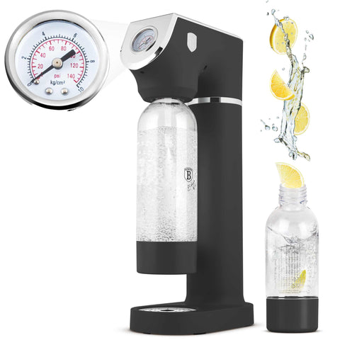 Product image of Soda maker with 2bottles and barometer universal CO2cylinders size. Part of the Anthracite Collection . Features: • Material: stainless steel, pp • Size: 43,5*22*12 cm • 2 pcs pp bottle with cup: 1,0L and 0,5L • Universal, standard CO2 cylinders size (not inclu.... (Studio view). Official Berlinger Haus product, boosted by Promintra sl.