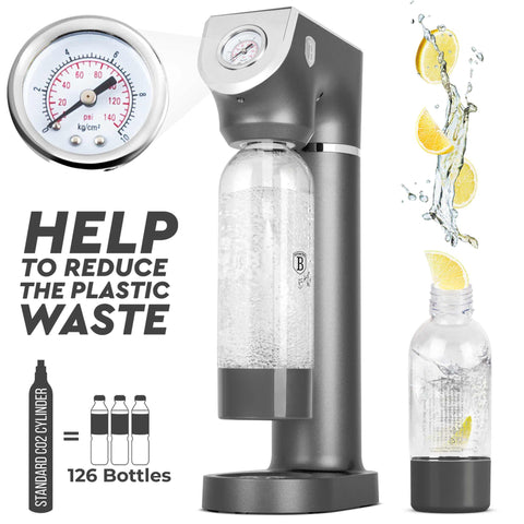 Product image of Soda maker with 2bottles and barometer universal CO2cylinders size. Part of the Anthracite Collection . Features: • Material: stainless steel, pp • Size: 43,5*22*12 cm • 2 pcs pp bottle with cup: 1,0L and 0,5L • Universal, standard CO2 cylinders size (not inclu.... (Studio view). Official Berlinger Haus product, boosted by Promintra sl.